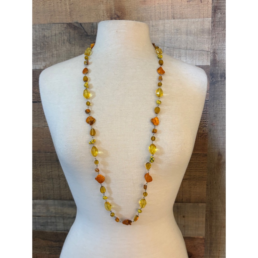 Long Amber Yellow Multi Shape Bead Station Necklace Silver Tone Adjustable